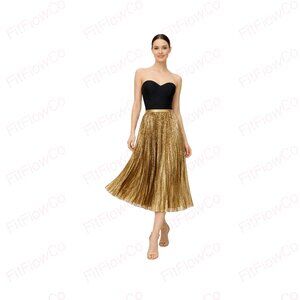 Ralph Lauren Gold Pleated Sequin Midi Skirt Metallic Glam Party Size S